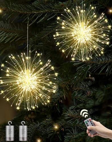 Joysing Feuerwerk Lichterkette 2 Stück 150 LED Weihnachtsbeleuchtung Batteriebetrieben mit Fernbedienung, 8 Modi Weihnachtslicht Wasserdicht Lichterkette Feuerwerk für Außen Innen Deko- Warmweiß von Joysing