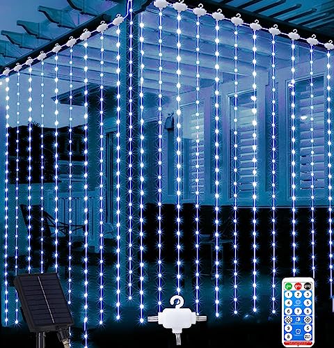 Joysing Solar Lichtervorhang Aussen 3 X 3m 300 LED Lichterketten Vorhang mit Fernbedienung, 8 Modi Lichterkette Wasserfall Wasserdicht Vorhang Lichter für Pavillon Party Wand Garten Deko - Kaltweiß von Joysing