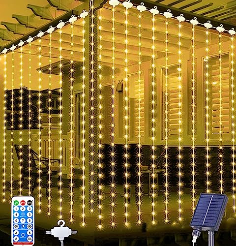Joysing Solar Lichtervorhang Aussen 3 X 3m 300 LED Lichterketten Vorhang mit Fernbedienung, 8 Modi Lichterkette Wasserfall Wasserdicht Lichter Vorhang für Pavillon Party Wand Garten Deko - Warmweiß von Joysing