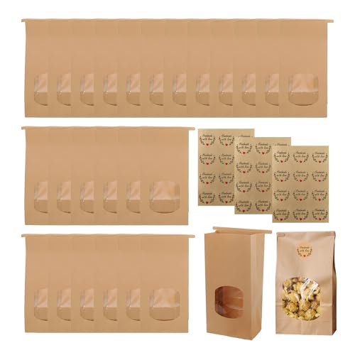 25 Stück Braune Kraftpapier Papiertüten Tüten mit Fenster inklusive 36 Stück Handmade-Aufklebern, 17 x 9 x 6cm Brottüten Papier Verschlussclips, Backbeutel Kleine Brottüte für Gebäck Süßigkeiten von Joysuelly