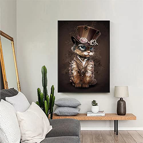 5D Diamond Painting Steampunk-Katze, 50x70cm Diamant Painting Bilder Groß, Malen Nach Zahlen Erwachsene, DIY Daiments Painting Anfänger Kinder Geschenk, Stickerei Canvas Art Crafts für Home Wall Décor von Jqynn