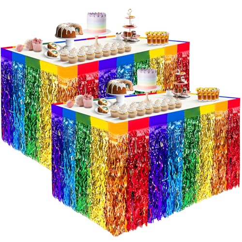 Jremreo 2er-Pack 0,76 x 2,74 m Regenbogen-Metallic-Folien-Tischrock, Bunte Wellen-Lametta-Tischumrandung für Pride Month, LGBTQ-Pride-Party, Geburtstag, Hochzeit, Festival-Tischdekorationen von Jremreo