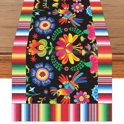 Mexikanischer Fiesta-Tischläufer, Leinen-Jute, Tischdekoration mit Blumen und Serape-Streifen, für Cinco de Mayo, Taco-Nacht, Geburtstage, Tag der Toten, Partyzubehör für mexikanische Themen, 183 x 33 Mexikanischer Fiesta-Tischläufer, Leinen-Jute, Tischdekoration mit Blumen und Serape-Streifen, für Cinco de Mayo, Taco-Nacht, Geburtstage, Tag der Toten, Partyzubehör für mexikanische Themen, 183 x 33 von Jremreo