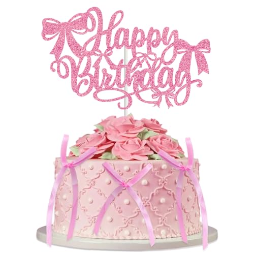 Tortenaufsatz mit Schleifen-Motiv, "Happy Birthday", mit 6 rosa Schleifen, 16,8 x 10,2 cm, glitzernde rosa Schleife, Cupcake-Schild, Dekorationen für Geburtstagspartys im Koketten-Stil Tortenaufsatz mit Schleifen-Motiv, "Happy Birthday", mit 6 rosa Schleifen, 16,8 x 10,2 cm, glitzernde rosa Schleife, Cupcake-Schild, Dekorationen für Geburtstagspartys im Koketten-Stil von Jremreo