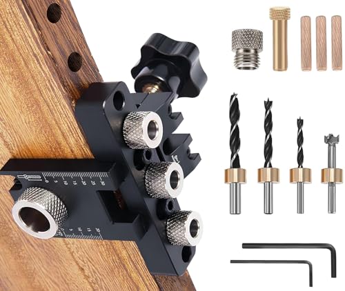 8/10/15mm Bohrschablone für Möbelbau, JRISBO Dübelbohrlehre 3-in-1 mit Skala & Klemme Holzdübel Tischlerwerkzeuge, Einstellbar Professionell Dübellehre Bohrschablone Dübel Jig von Jrisbo