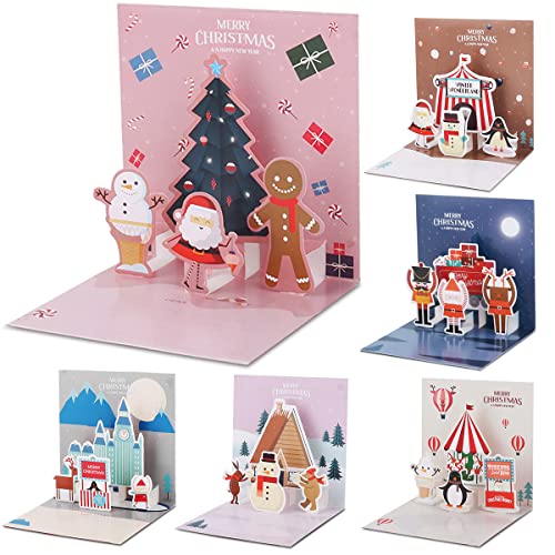 Jrisbo 6 Stück 3D Weihnachtskarten mit Umschlag Set, Weihnachtskarte mit unterschiedlichen Pop Up Motiven, Klappkarten Weihnachten Postkarten Karten 3D Grußkarte für Freunde Familie von Jrisbo