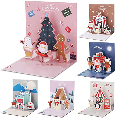 Jrisbo 6 Stück 3D Weihnachtskarten mit Umschlag Set, Weihnachtskarte mit unterschiedlichen Pop Up Motiven, Klappkarten Weihnachten Postkarten Karten 3D Grußkarte für Freunde Familie von Jrisbo
