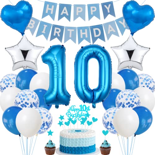 Jrzyhi 10. Geburtstag Dekoration, Blau Tortendeko 10 Jahre, Party Deko Silber, Tortendeko Mädchen & Junge von Jrzyhi