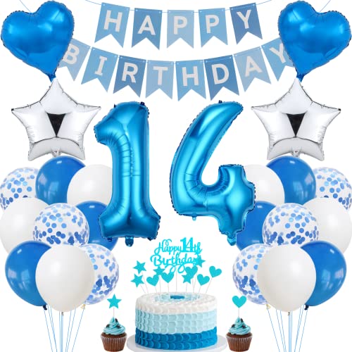 Jrzyhi 14. Geburtstag Dekoration - Blau Silber Party Deko für Junge und Mädchen - Tortendeko für 14 Jahre von Jrzyhi