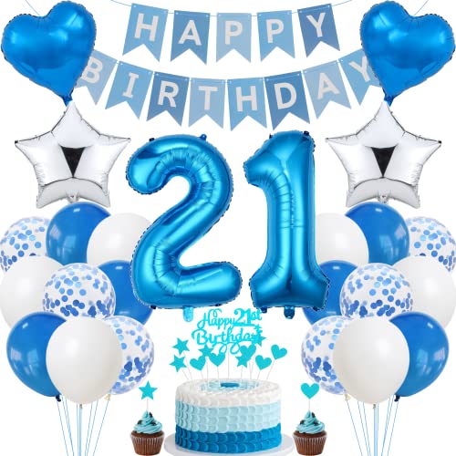 Jrzyhi 21. Geburtstag Dekoration,Blau Tortendeko Geburtstag 21 Jahre Männer,Party Deko Silber,21 Geburtstag Frauen Männer,Tortendeko 21. Geburtstag Mann Frauen,Geburtstagsdeko 21 Jahre Mann Frauen von Jrzyhi