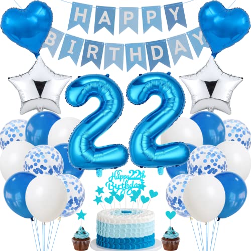 Jrzyhi 22. Geburtstag Dekoration - Blau Silber Tortendeko für Männer und Frauen - Party Deko Set für 22 Jahre von Jrzyhi