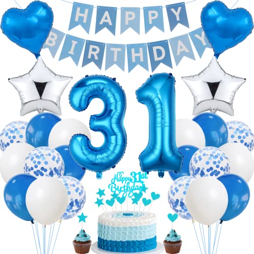 Jrzyhi 31. Geburtstag Dekoration, Blau Tortendeko für Männer, Frauen, Party Deko Silber von Jrzyhi