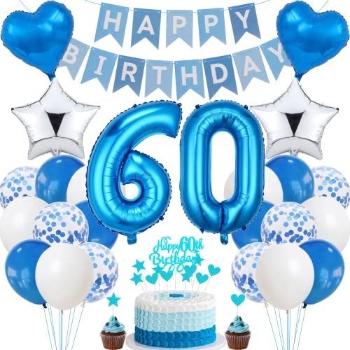 Jrzyhi 60. Geburtstag Dekoration - Blau Tortendeko für Männer und Frauen, Party Deko Silber, Geburtstagsdeko 60 Jahre von Jrzyhi