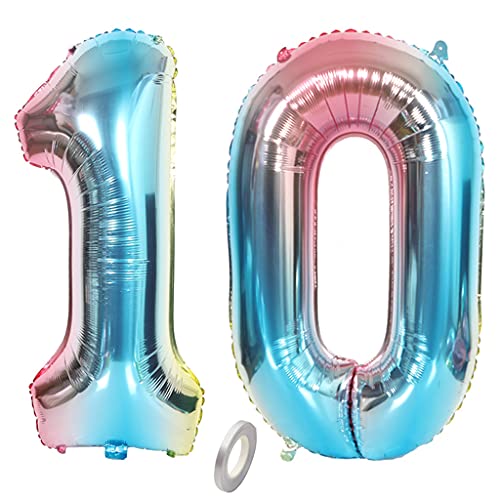 Jrzyhi Ballons Zahlen Luftballon 10.Geburtstag Regenbogen Riesen Folienballon Zahl 10 Helium Nummer Große XXLNummer 10.Happy Birthday 10Jahre Riesenzahl Ballons für Geburtstag Party Deko 32zoll von Jrzyhi