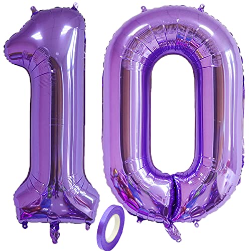 Jrzyhi Ballons Zahlen Luftballon 10.Geburtstag lila Riesen Folienballon Zahl 10 Helium Nummer Große XXLNummer 10.Happy Birthday 10Jahre Riesenzahl Ballons für Geburtstag, Hochzeit Party Deko 100CM von Jrzyhi