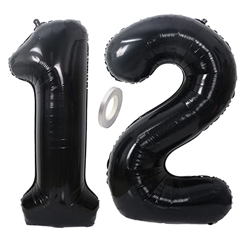 Jrzyhi Ballons Zahlen Luftballon 12.Geburtstag Schwarz Riesen Folienballon Zahl 12 Helium Nummer Große XXLNummer 12.Happy Birthday 12Jahre Riesenzahl Ballons für Geburtstag, Hochzeit Party Deko 32zoll von Jrzyhi