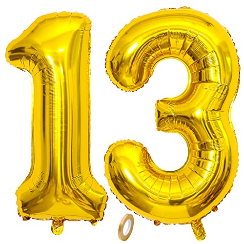Jrzyhi Ballons Zahlen Luftballon 13.Geburtstag Golden Riesen Folienballon Zahl 13 Helium Nummer Große XXLNummer 13.Happy Birthday 13Jahre Riesenzahl Ballons für Geburtstag, Hochzeit Party Deko 32zoll von Jrzyhi