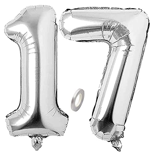 Jrzyhi Ballons Zahlen Luftballon 17.Geburtstag Silber Riesen Folienballon Zahl 17 Helium Nummer Große XXLNummer 17.Happy Birthday 17Jahre Riesenzahl Ballons für Geburtstag, Hochzeit Party Deko 100CM von Jrzyhi