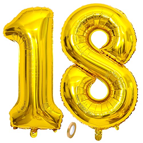 Jrzyhi Ballons Zahlen Luftballon 18.Geburtstag Golden Riesen Folienballon Zahl 18 Helium Nummer Große XXLNummer 18.Happy Birthday 18Jahre Riesenzahl Ballons für Geburtstag, Hochzeit Party Deko 32zoll von Jrzyhi