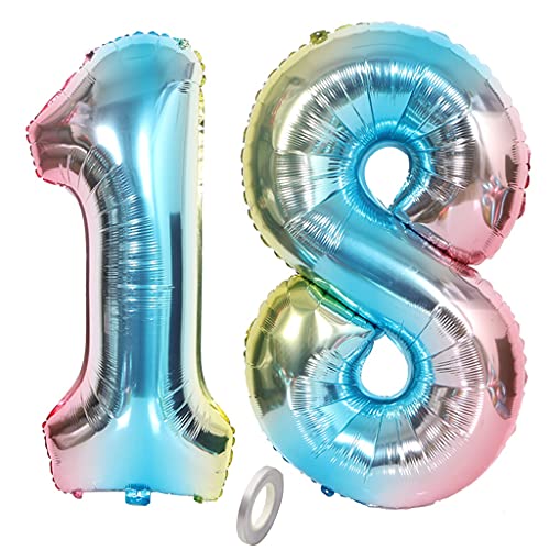 Jrzyhi Ballons Zahlen Luftballon 18.Geburtstag Regenbogen Riesen Folienballon Zahl 18 Helium Nummer Große XXLNummer 18.Happy Birthday 18Jahre Riesenzahl Ballons für Geburtstag Party Deko 32zoll von Jrzyhi