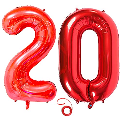 Jrzyhi Ballons Zahlen Luftballon 20.Geburtstag Rot Riesen Folienballon Zahl 20 Helium Nummer Große XXLNummer 20.Happy Birthday 20Jahre Riesenzahl Ballons für Geburtstag, Hochzeit Party Deko 100CM von Jrzyhi