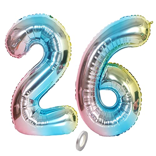 Jrzyhi Ballons Zahlen Luftballon 26.Geburtstag Regenbogen Riesen Folienballon Zahl 26 Helium Nummer Große XXLNummer 26.Happy Birthday 26Jahre Riesenzahl Ballons für Geburtstag Party Deko 32zoll von Jrzyhi