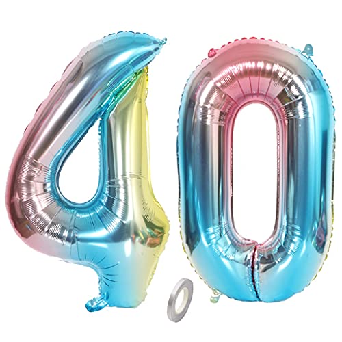Jrzyhi Ballons Zahlen Luftballon 40.Geburtstag Regenbogen Riesen Folienballon Zahl 40 Helium Nummer Große XXLNummer 40.Happy Birthday 40Jahre Riesenzahl Ballons für Geburtstag Party Deko 32zoll von Jrzyhi