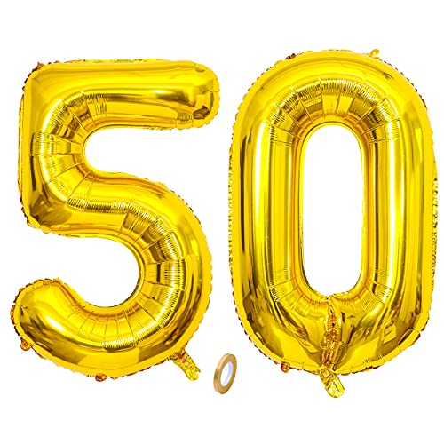 Jrzyhi Ballons Zahlen Luftballon 50.Geburtstag Golden Riesen Folienballon Zahl 50 Helium Nummer Große XXLNummer 50.Happy Birthday 50Jahre Riesenzahl Ballons für Geburtstag, Hochzeit Party Deko 32zoll von Jrzyhi
