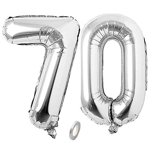 Jrzyhi Ballons Zahlen Luftballon 70.Geburtstag Silber Riesen Folienballon Zahl 70 Helium Nummer Große XXLNummer 70.Happy Birthday 70Jahre Riesenzahl Ballons für Geburtstag, Hochzeit Party Deko 32zoll von Jrzyhi