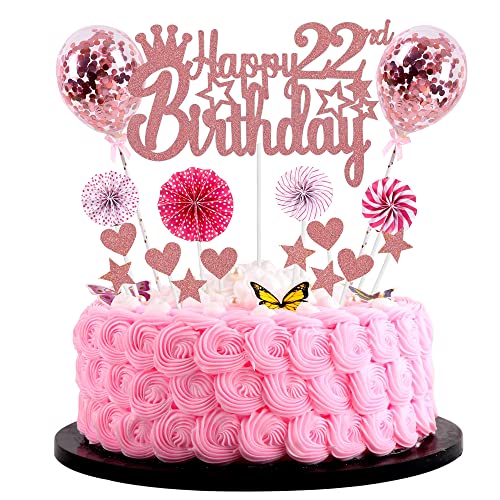 Jrzyhi Happy 22th Birthday Tortendeko frau 22. Geburtstag Hello 22 Cake Topper Rosegold Kuchen Topper 22 Kuchen Deko 22 Geburtstag mann Tortendeko 22 jahre frau Glitter Cake Topper für 22 Geburtstag von Jrzyhi