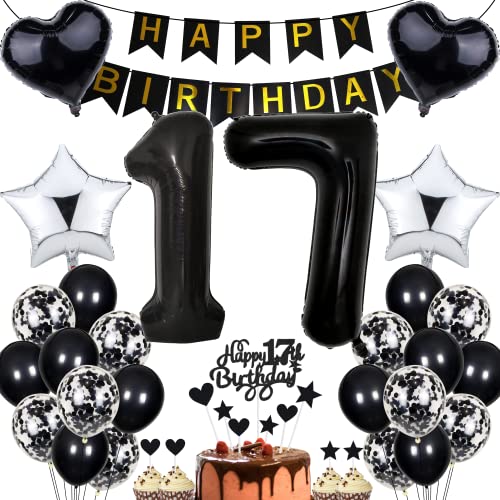 Jrzyhi 17. Geburtstag Dekoration, Schwarz Party Deko für Mädchen, 77 Stück Ballon-Set mit Konfetti, Herz & Stern, für Teenager, 17. Geburtstag von Jrzyhi