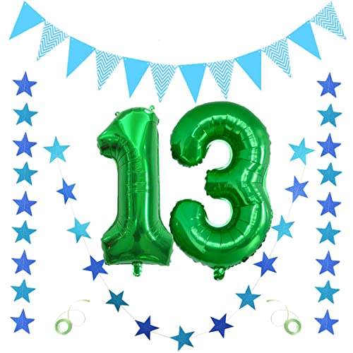 Jrzyhi Luftballon Geburtstag XXL Grün Riesen Folienballon in 32" 13 Jahr Dekoration Grün Zahl 13 Happy Birthday Ballon mit Glitter Banner,triangle Flag Banner für Hochzeit Jubiläum Party Deko von Jrzyhi