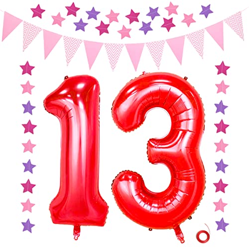 Jrzyhi Luftballon Geburtstag XXL Rot Riesen Folienballon in 32" 13 Jahr Dekoration Rot Zahl 13 Happy Birthday Ballon mit Glitter Banner,triangle Flag Banner für Hochzeit Jubiläum Party Deko Jrzyhi Luftballon Geburtstag XXL Rot Riesen Folienballon in 32" 13 Jahr Dekoration Rot Zahl 13 Happy Birthday Ballon mit Glitter Banner,triangle Flag Banner für Hochzeit Jubiläum Party Deko von Jrzyhi