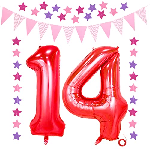 Jrzyhi Luftballon Geburtstag XXL Rot Riesen Folienballon in 32" 14 Jahr Dekoration Rot Zahl 14 Happy Birthday Ballon mit Glitter Banner,triangle Flag Banner für Hochzeit Jubiläum Party Deko Jrzyhi Luftballon Geburtstag XXL Rot Riesen Folienballon in 32" 14 Jahr Dekoration Rot Zahl 14 Happy Birthday Ballon mit Glitter Banner,triangle Flag Banner für Hochzeit Jubiläum Party Deko von Jrzyhi
