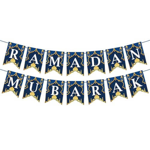 Jsdoin Ramadan Mubarak Dekorationen, Ramadan Mubarak Banner und Shining Star Moon Hanging Swirl Eid Mubarak Wimpelkette für Ramadan Kareem Party Dekoration Supplies (Banner) von Jsdoin