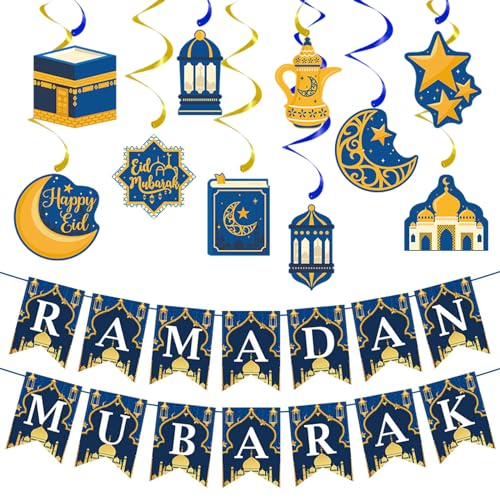 Jsdoin Ramadan-Mubarak-Dekorationen, Ramadan-Mubarak-Banner und glänzender Stern-Mond-Hängewirbel, Eid-Mubarak-Wimpelkette für Ramadan-Kareem-Party-Dekorations-Zubehör (Set) von Jsdoin