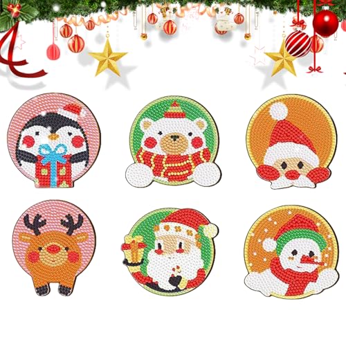 Jsleid 6 Stück Diamond Painting Weihnachten, Weihnachtstag Diamond Painting Untersetzer, Mit Halterung Weihnachtsge Diy für Kinder Erwachsene von Jsleid
