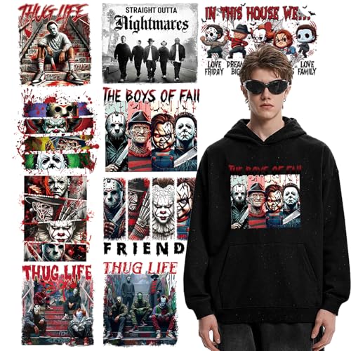 Halloween-Wärmetransfer-Flicken zum Aufbügeln, 8 Bögen, große gruselige Filmfiguren, Vinyl-Wärmetransfer-Applikation, Aufkleber, Halloween, Horror, dunkler Stil für Damen und Herren, T-Shirt, Kissen, Halloween-Wärmetransfer-Flicken zum Aufbügeln, 8 Bögen, große gruselige Filmfiguren, Vinyl-Wärmetransfer-Applikation, Aufkleber, Halloween, Horror, dunkler Stil für Damen und Herren, T-Shirt, Kissen, von Jtrebm