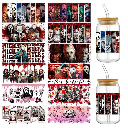 UV DTF Cup Wrap Transferaufkleber für Glas, 12 Blatt, Halloween, große Gruselfilm-Charaktere, zum Aufreiben von Transfers, Tassen-Aufkleber für Bastelarbeiten, Horror, keine Hitze nötig, bereit zum UV DTF Cup Wrap Transferaufkleber für Glas, 12 Blatt, Halloween, große Gruselfilm-Charaktere, zum Aufreiben von Transfers, Tassen-Aufkleber für Bastelarbeiten, Horror, keine Hitze nötig, bereit zum von Jtrebm
