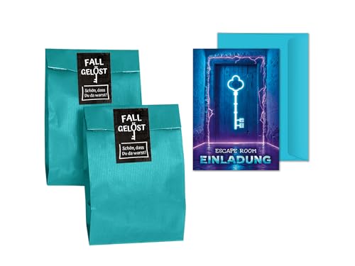 10 Einladungskarten Kindergeburtstag Escape Room Party Mädchen Jungen Jungs coole Einladungen Kinder Geburtstag Detektiv Geburtstagseinladungen inkl. 10 Umschläge, 10 Tüten / petrol, 10 Aufkleber von JuNa-Experten