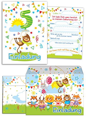 10 Einladungskarten zum 5. Kindergeburtstag für Jungen incl 10 Umschläge / Bunte Einladungen zum Geburtstag für Jungen Süße Tierchen / Süße AFFE (10 Karten + 10 Umschläge) von JuNa-Experten