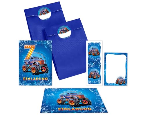 10 Einladungskarten zum 7. Kindergeburtstag Jungen Auto Monster-Truck Einladungen siebte Geburtstag incl. 10 Umschläge, 10 Partytüten/blau, 10 Aufkleber, 10 Lesezeichen, 10 Mini-Notizblöcke 10 Einladungskarten zum 7. Kindergeburtstag Jungen Auto Monster-Truck Einladungen siebte Geburtstag incl. 10 Umschläge, 10 Partytüten/blau, 10 Aufkleber, 10 Lesezeichen, 10 Mini-Notizblöcke von JuNa-Experten