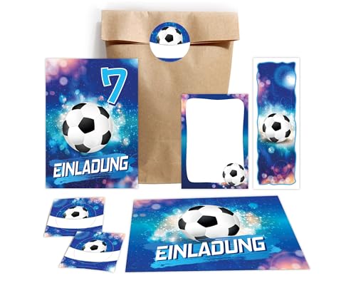 10 Einladungskarten zum 7. Kindergeburtstag Jungen Fußball Fussball Einladungen siebte Geburtstag incl. 10 Umschläge, 10 Partytüten/natur, 10 Aufkleber, 10 Lesezeichen, 10 Mini-Notizblöcke von JuNa-Experten