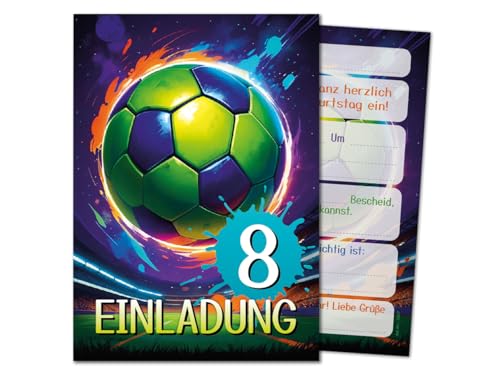 10 Einladungskarten zum 8. Kindergeburtstag Jungen Jungs Mädchen Fussball Fußball coole bunte Einladungen achte Geburtstag Kinder Jungsgeburtstag Soccer Kinderparty Geburtstagseinladungen von JuNa-Experten