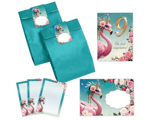 10 Einladungskarten zum 9. Kindergeburtstag Mädchen Flamingo coole bunte Einladungen neunte Geburtstag Mädchengeburtstag incl. 10 Umschläge, 10 Partytüten/petrol, 10 Aufkleber, 10 Mini-Notizblöcke von JuNa-Experten