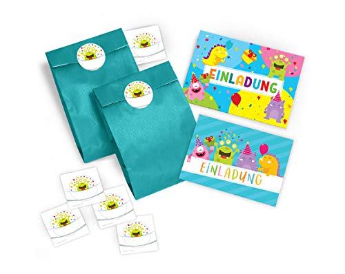 10 Einladungskarten zum Kindergeburtstag Mädchen Jungen lustige Monster incl. 10 Umschläge, 10 Tüten/blau, 10 Aufkleber Geburtstagseinladungen Einladungen Partyset 10 Einladungskarten zum Kindergeburtstag Mädchen Jungen lustige Monster incl. 10 Umschläge, 10 Tüten/blau, 10 Aufkleber Geburtstagseinladungen Einladungen Partyset von JuNa-Experten