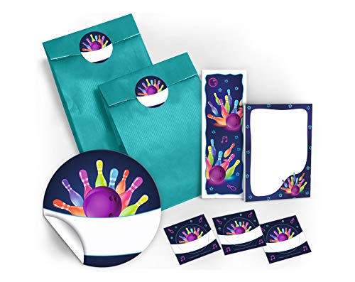 10 Lesezeichen + 10 Mini-Notizblöcke + 10 Geschenktüten/Petrol + 10 Aufkleber Bowling Mitgebsel Gastgeschenk beim Kindergeburtstag Mädchen Jungen von JuNa-Experten