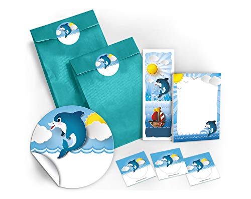 10 Lesezeichen + 10 Mini-Notizblöcke + 10 Geschenktüten/blau + 10 Aufkleber Delfin Mitgebsel Gastgeschenk beim Kindergeburtstag Mädchen Jungen von JuNa-Experten