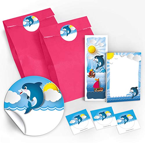 10 Lesezeichen + 10 Mini-Notizblöcke + 10 Geschenktüten / rosa + 10 Aufkleber Delfin Mitgebsel Gastgeschenk beim Kindergeburtstag Mädchen Jungen von JuNa-Experten
