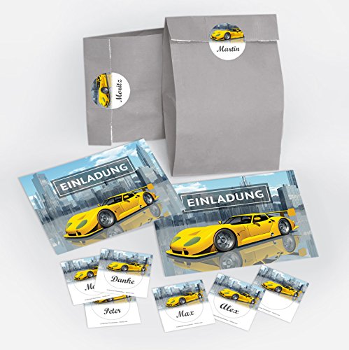 10-er Set Einladungskarten, Umschläge, Tüten, Aufkleber zum Kindergeburtstag für Junge Rennwagen / Auto / Rennsportwagen / Einladungen (10 Karten + 10 Umschläge + 10 Party-Tüten + 10 Aufkleber) von JuNa-Experten